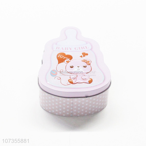 Factory price feeding-bottle shape iron food storage can tin candy jar