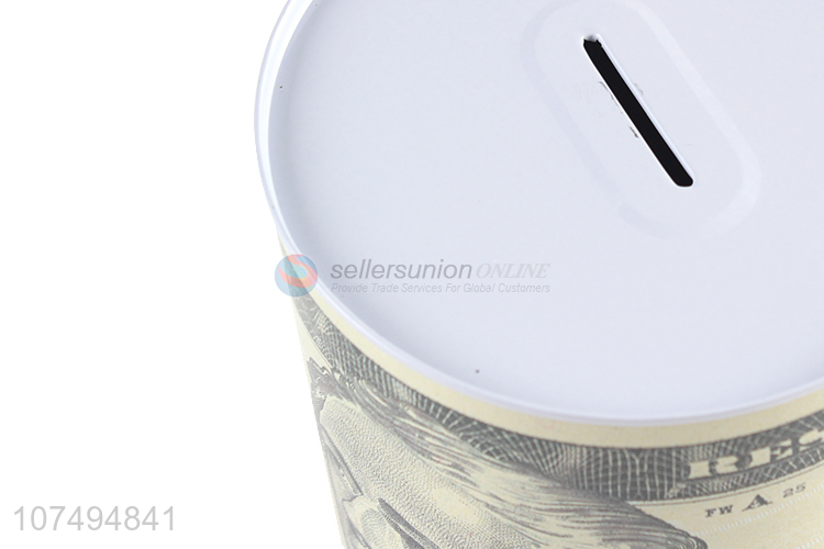 Hot selling dollar printed round tin money box metal saving pot