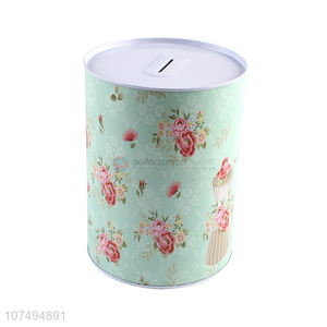 Good quality flower printed round metal coin box saving box