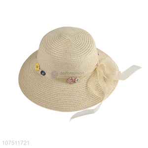 Custom women paper straw hat flower sun hat with ribbon