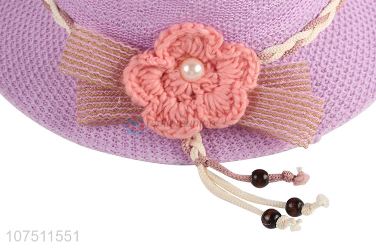 Custom fashion summer polyester knitting ladies sun hat with flower