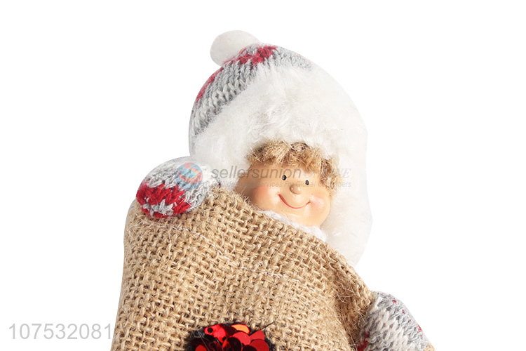 Latest arrival decorative knitted hat Christmas fabric doll in linen bag