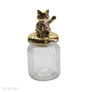 Factory Wholesale Clear Glass Storage Jar With Gold Cat Ceramic Lid