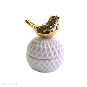 Unique Design White Ceramic Storage Jar With Gold Bird Decoration Lid