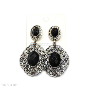 Hot selling blakc rhinestone antique silver filigreed alloy earrings