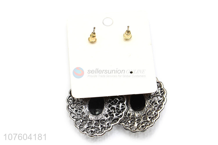 Hot selling blakc rhinestone antique silver filigreed alloy earrings