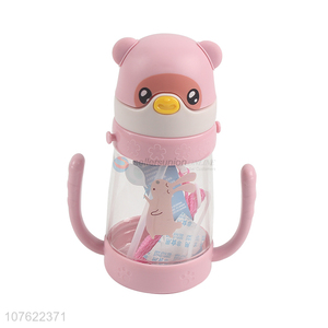 Hot selling 380ml kawaii children straw water bottle with double handles