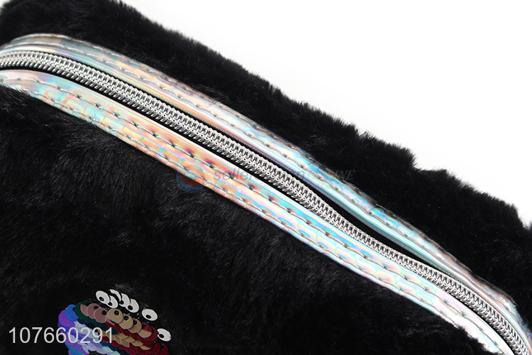 Good quality black love sequined toiletry bag fluff cosmetic bag