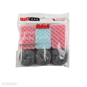 Wholesale kitchen cleaning steel wire ball sponge brush set six packs