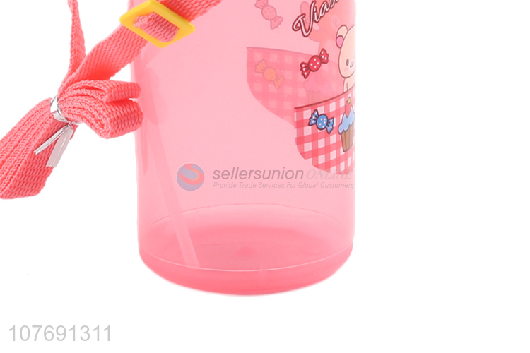 Promotional cartoon design children water bottle with straw and strap