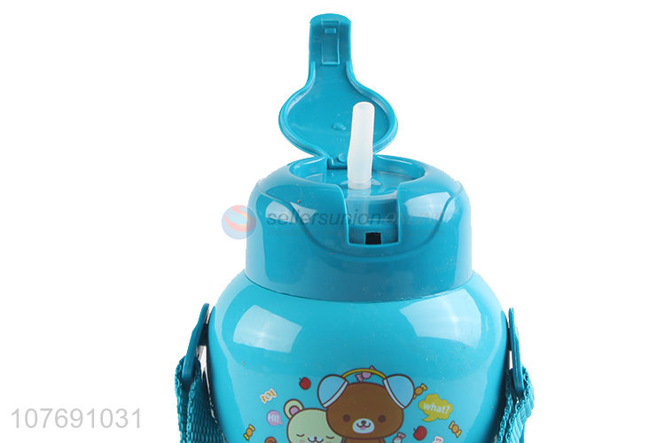 Wholesale kawaii kids plastic water bottle with straw and strap