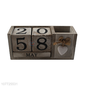 Fashion Vintage Wooden Blocks Calendar With Pen Container