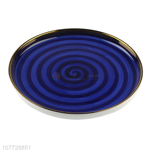 Wholesale blue simple hand-color threaded dinner plate shallow mouth ceramic tableware