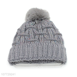 Hot products ladies winter knitting hat outdoor fleece lined hat with pompom