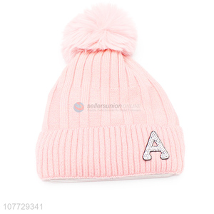 Hot sale women winter beanie hat ladies knitted hat with pompom