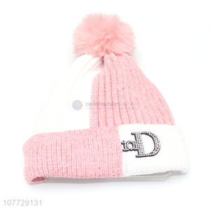 Hot sale women fleece lining hat letter rhinestone beanie hat with pomppom