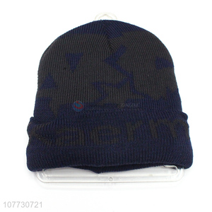 Promotional men outdoor jacquard knitting hat fleece lining beanie cap