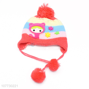 Low price children winter hat with earflaps kids pompom beanies