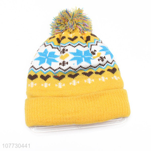 Wholesale winter jacquard beanies children outdoor hat with pompom