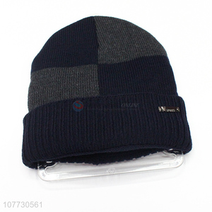 Low price men winter hat fleece lining beanie cap knitting hat