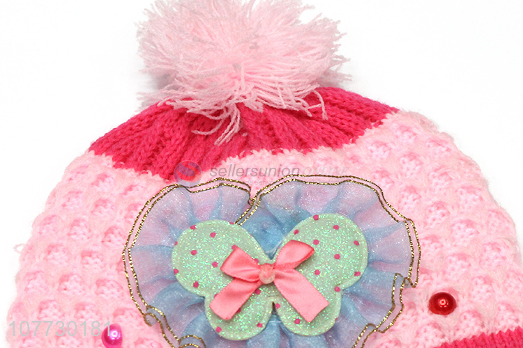 Hot sale kids winter acrylic knitted earmuff beanie hat with pompom