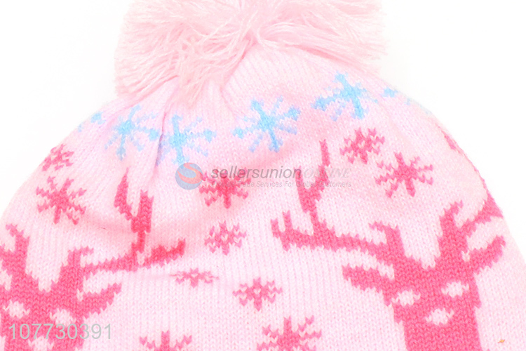 Hot sale children jacquard beanies kids winter hat with pompom