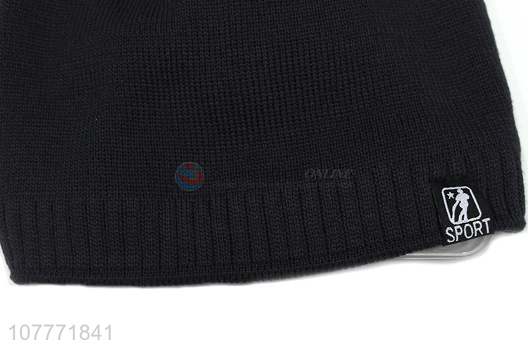 Winter simple pure black plus velvet sports cap knitted woolen cap