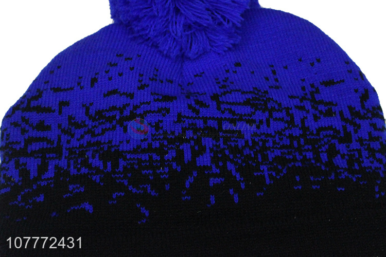 Good quality blue windproof knitted hat fur ball warm hat for men