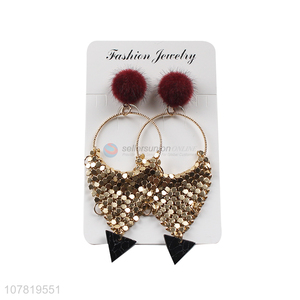 New product pompom geometric metal earrings women exaggerated earrings