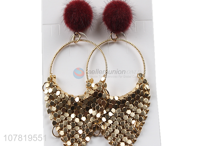 New product pompom geometric metal earrings women exaggerated earrings