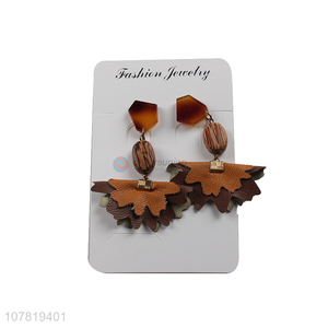 Hot sale vintage handmade pu leather wooden bead statement earrings