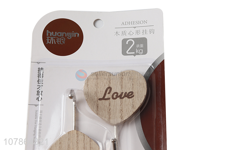 Wholesale fashion heart shaped wooden sticky hook for bathroom kitchen