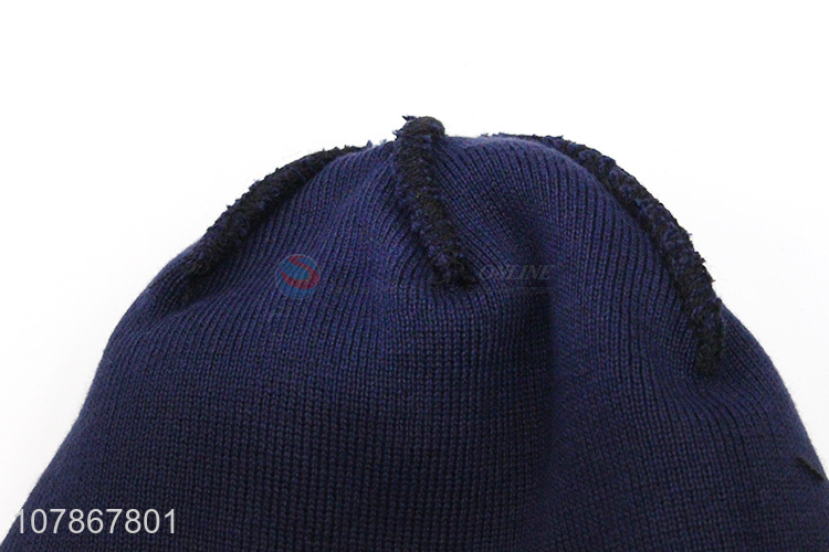 Hot sale blue winter cold protection knitted hat men's melon leather hat