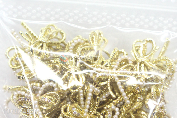 Wholesale Golden Bowknot with Pearl Nail Art Sticker Rhinestone DIY Nail Accessories