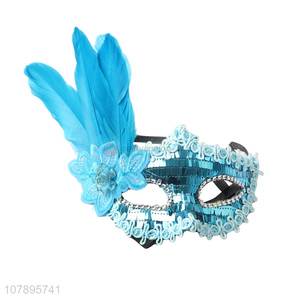 Best price blue half face party masks with feather wholesale