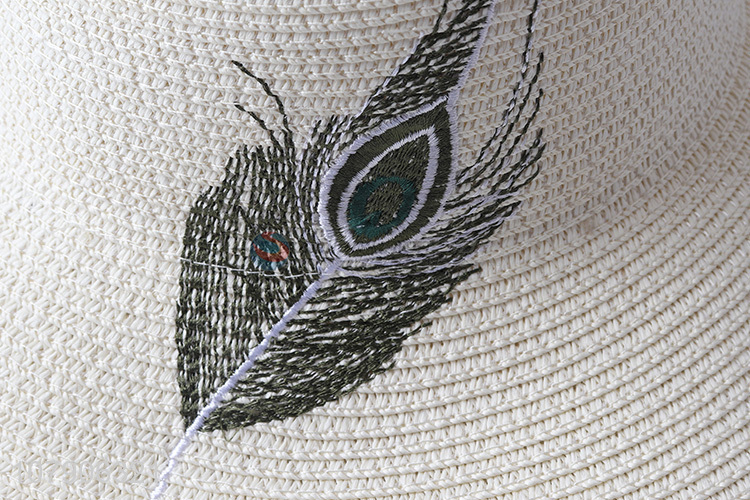 New arrival summer beach panama hat female feather embroidery straw hat