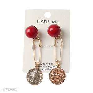 Creative design fashion lady jewelry earrings with coin-shaped pendant