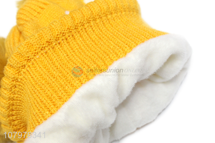 Hot sale children fleece lined beanies winter jacquard pompoms skull cap