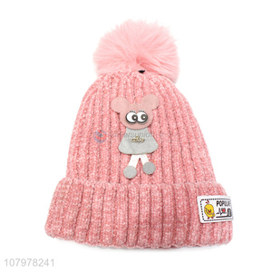 New arrival children winter knitted beanie fleece lined hat with pom pom