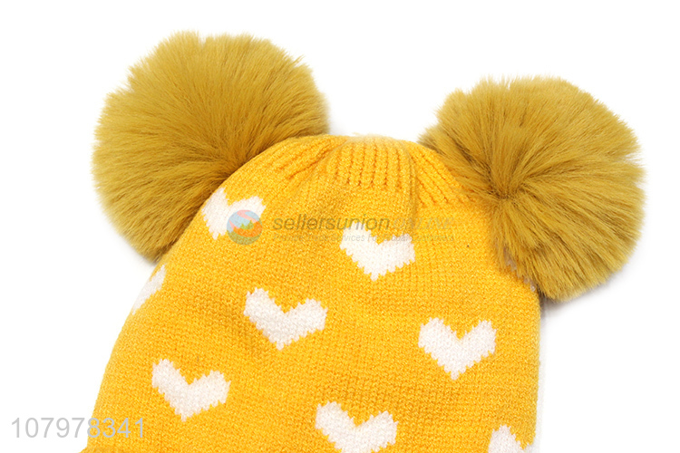 Hot sale children fleece lined beanies winter jacquard pompoms skull cap