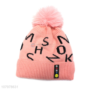 High quality children fleece lined winter letter jacquard beanie with pom pom