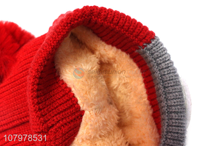 Top product children winter caroon bear hat fleece lined hat with pom pom