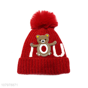 Wholesale cartoon women winter fleece lined beanie with faux fur pom pom