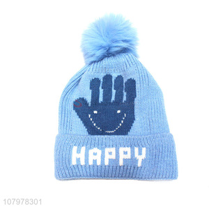 High quality children winter jacquard fleece lined beanies with pom pom