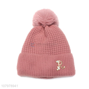 Online wholesale women pom pom winter warm soft beanie with fleece lining