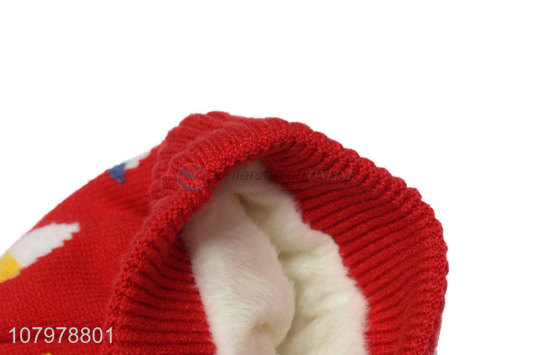 Factory supply children winter jacquard fleece lined beanies pompom skull cap