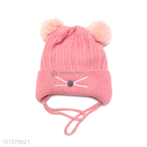 Yiwu market kids winter warm fleece lined beanies pom pom earmuffs hat