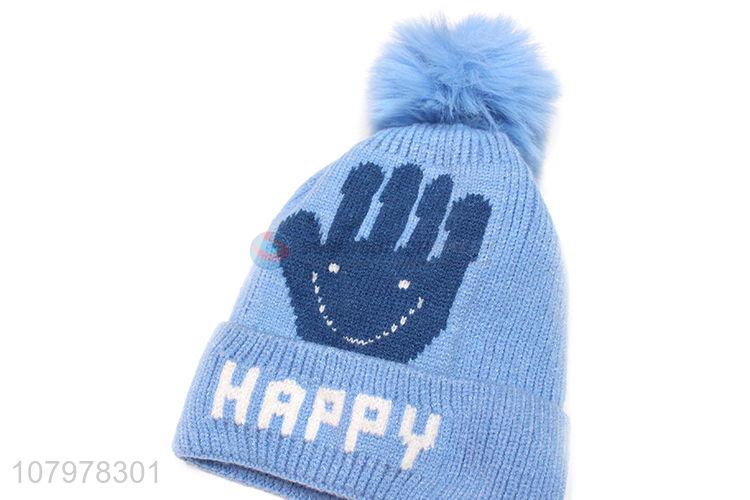 High quality children winter jacquard fleece lined beanies with pom pom