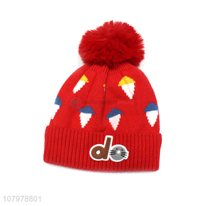 Factory supply children winter jacquard fleece lined beanies pompom skull cap