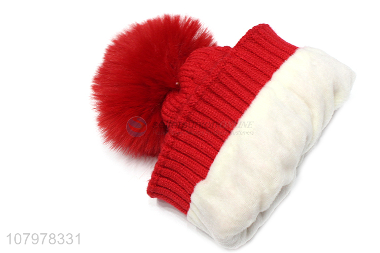 Recent design kids winter fleece lined knitted beanie cap with pom pom